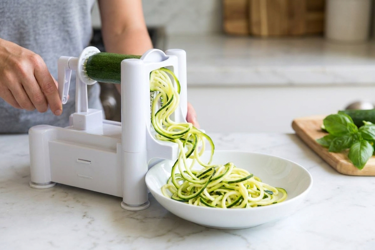 Fresh zucchini being spiralized into long noodles on a clean kitchen counter with a spiralizer