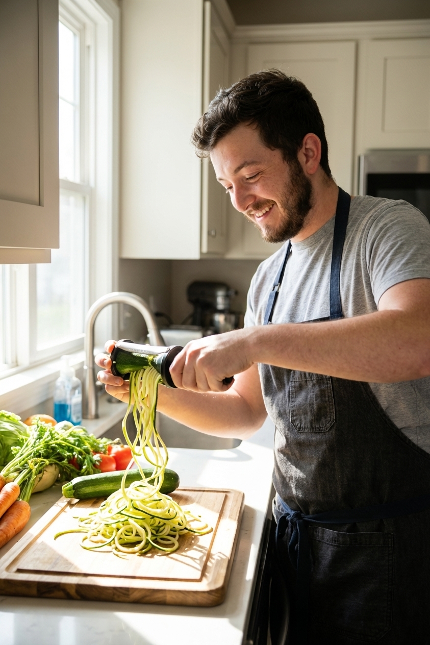 Fresh zucchini being spiralized into noodles on a kitchen counter with a handheld spiralizer, strands falling onto a cutting board, bright natural light, photorealistic food prep photography