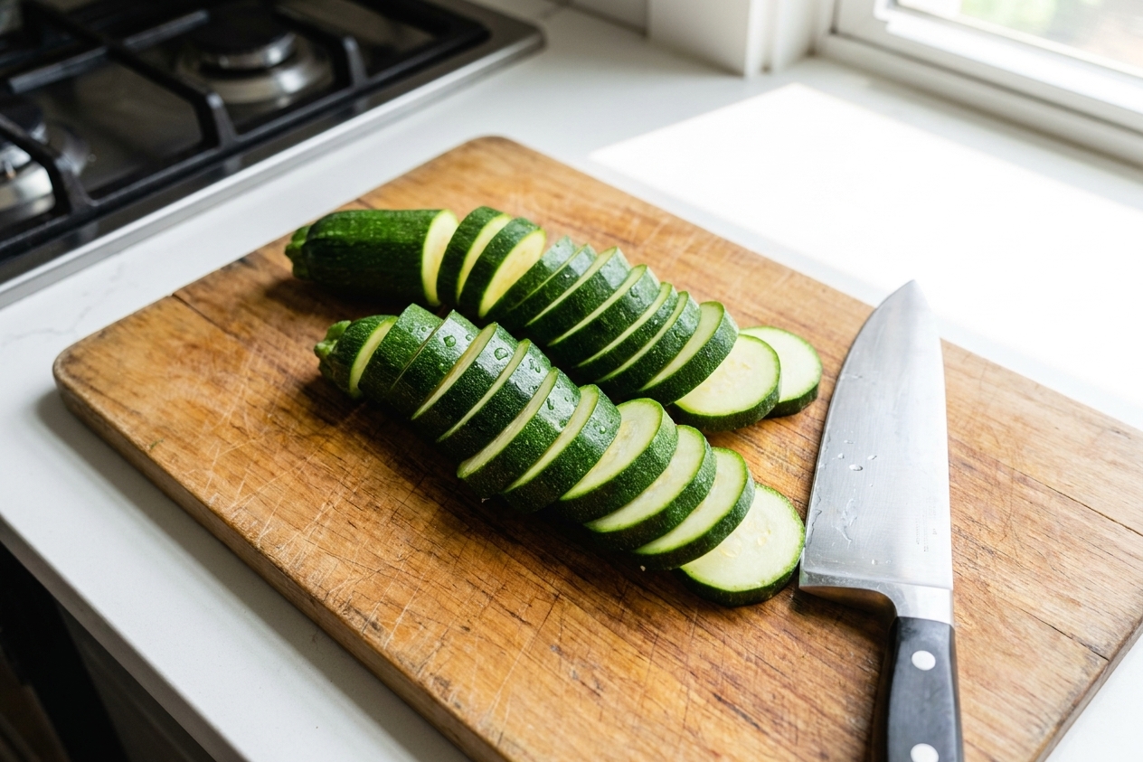 Fresh zucchini sliced into even 1/4-inch rounds on a cutting board next to a chef's knife in a bright home kitchen