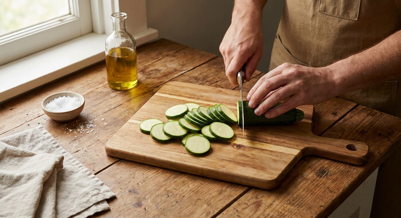 Fresh zucchini sliced into even rounds on a wooden cutting board with a chef's knife beside it, kitchen counter in warm light