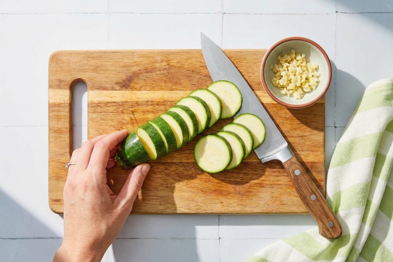 Fresh zucchini sliced into even rounds on a wooden cutting board with a chef's knife and small bowl of minced garlic nearby