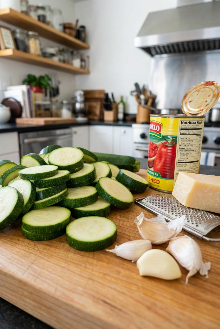Fresh zucchini slices on a cutting board next to garlic, parmesan, and a can of crushed tomatoes