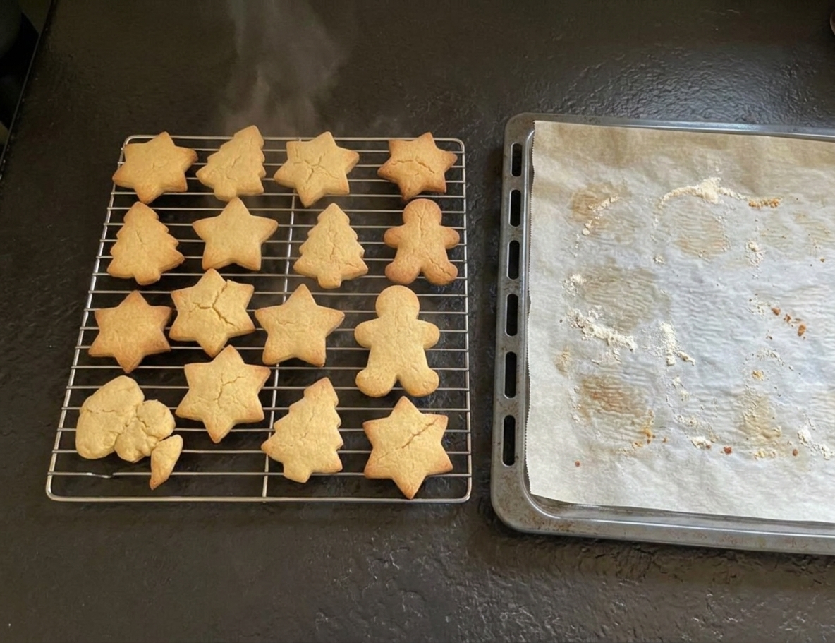 Freshly baked Christmas biscuit shapes cooling on a wire rack with a parchment lined baking sheet nearby