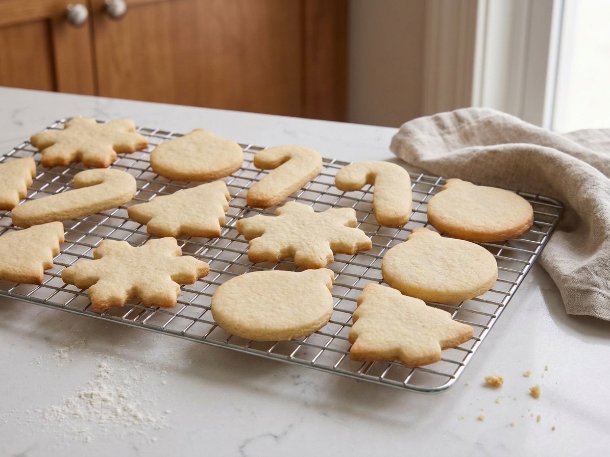 Freshly baked Christmas-shaped sugar cookies cooling on a wire rack in a warm home kitchen, edges lightly golden