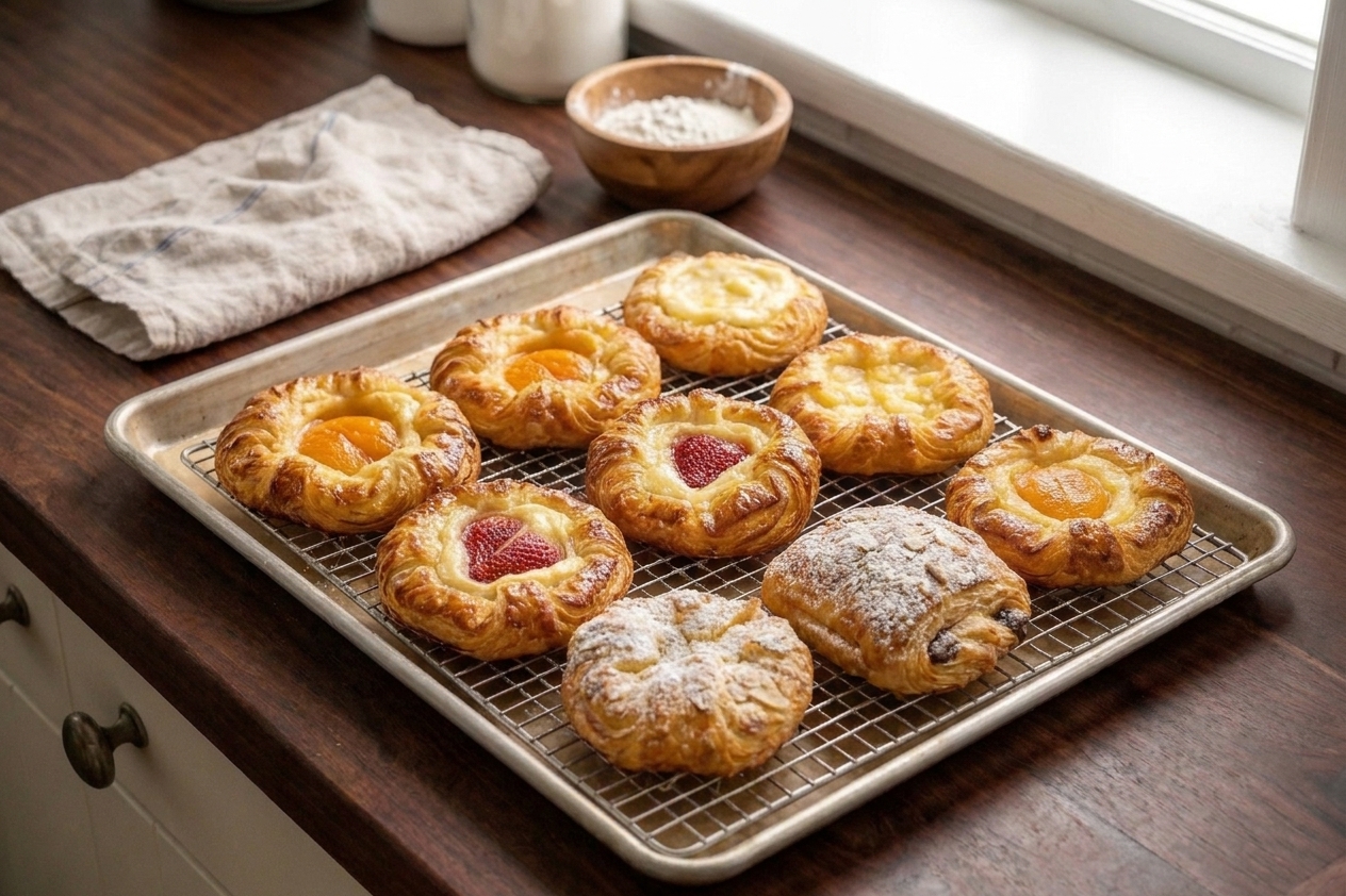 Freshly baked Danish pastries cooling on a wire rack with a sheet pan underneath on a bright kitchen counter