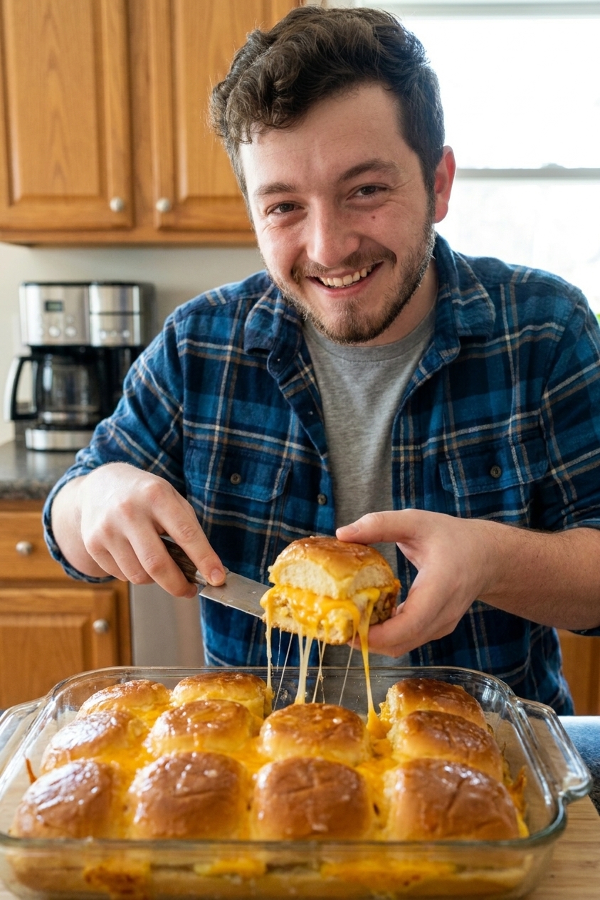 Freshly baked Hawaiian sweet roll breakfast sliders with golden glazed tops being sliced in a baking dish, with melted cheddar stretching slightly