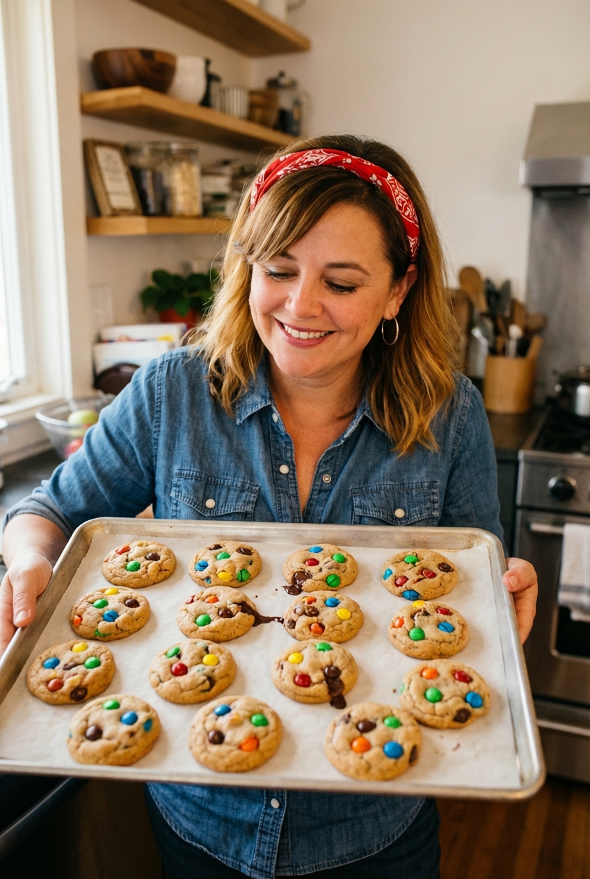 Freshly baked M&M cookies cooling on a parchment-lined baking sheet