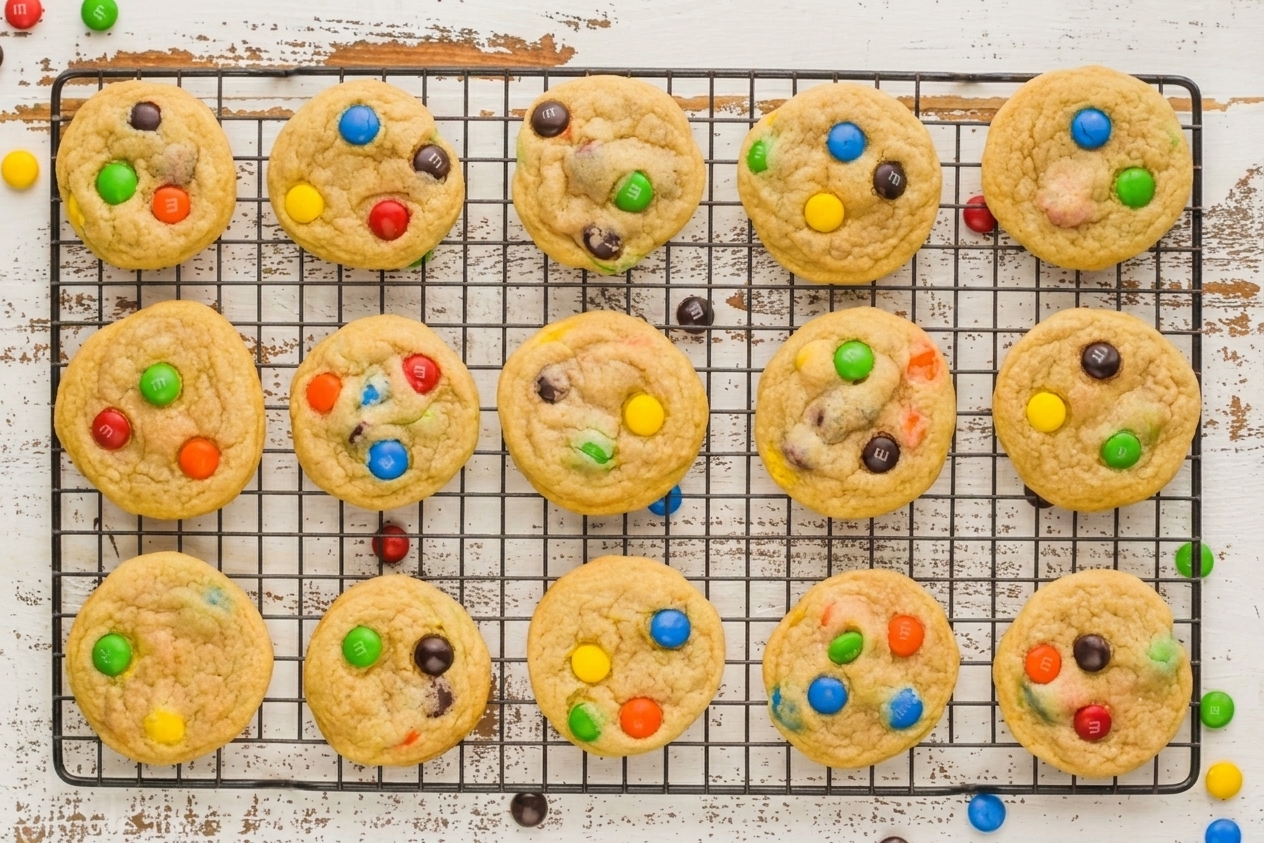 Freshly baked M&M cookies resting on a wire cooling rack on a kitchen counter, with colorful candies and golden edges visible