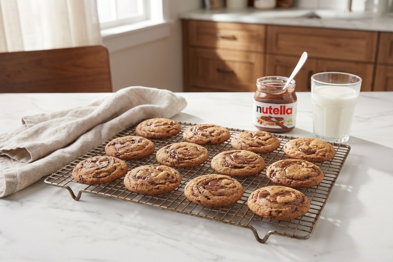 Freshly baked Nutella cookies with crackly tops cooling on a wire rack in a cozy kitchen