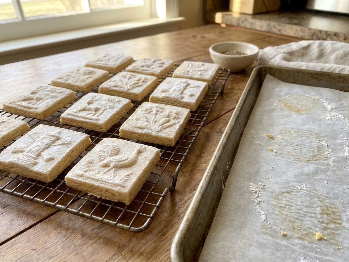 Freshly baked Springerle cookies with sharp embossed designs cooling on a wire rack beside a parchment-lined baking sheet