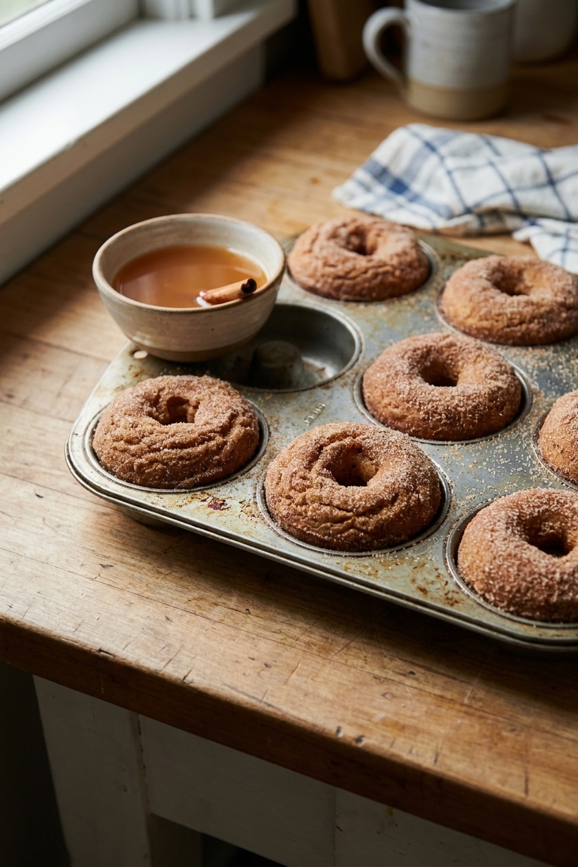 Freshly baked apple cider doughnuts in a metal doughnut pan on a wooden counter, coated in cinnamon sugar with a small bowl of apple cider nearby