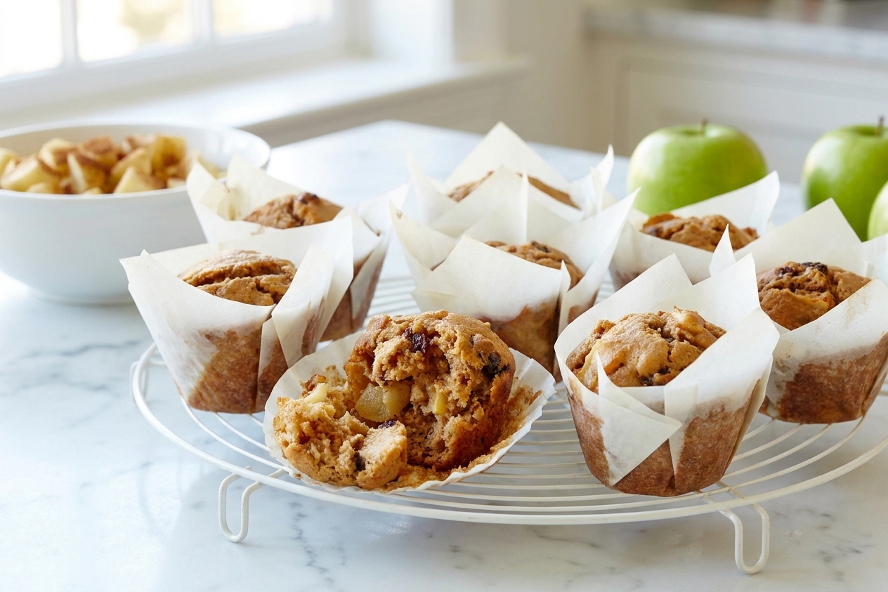 Freshly baked apple muffins cooling on a wire rack with a few apple pieces visible in the crumb