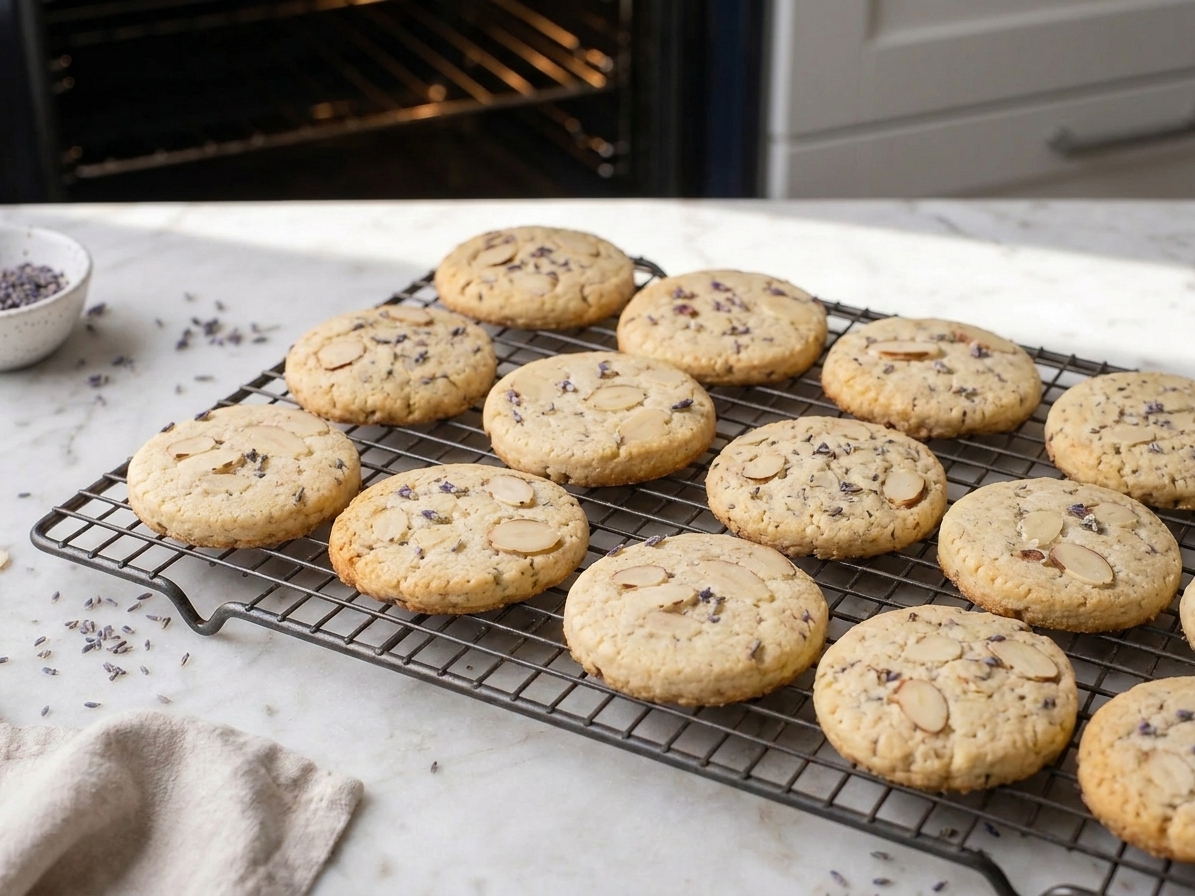 Freshly baked badam cookies cooling on a wire rack, golden edges visible with sliced almonds on top