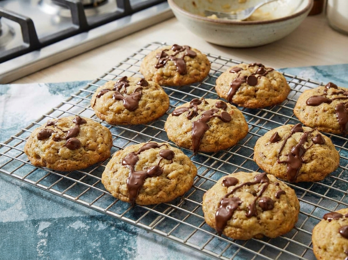 Freshly baked banana bread cookies cooling on a wire rack with melted chocolate chips
