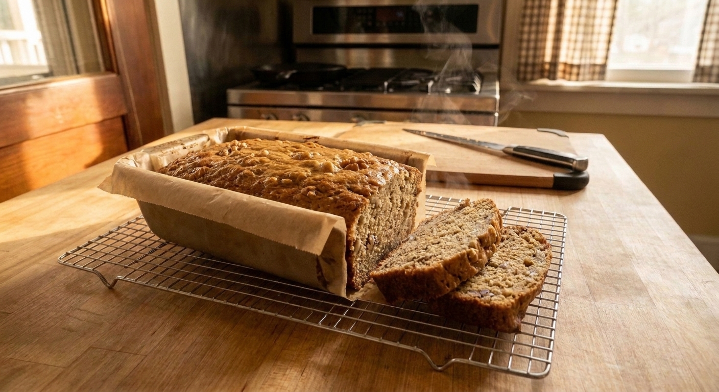 Freshly baked banana bread cooling on a wire rack with a few slices cut, steam lightly visible in a cozy kitchen setting