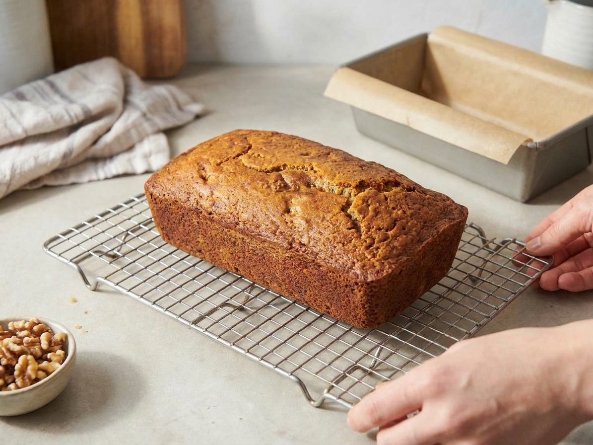 Freshly baked banana bread loaf cooling on a wire rack on a kitchen counter