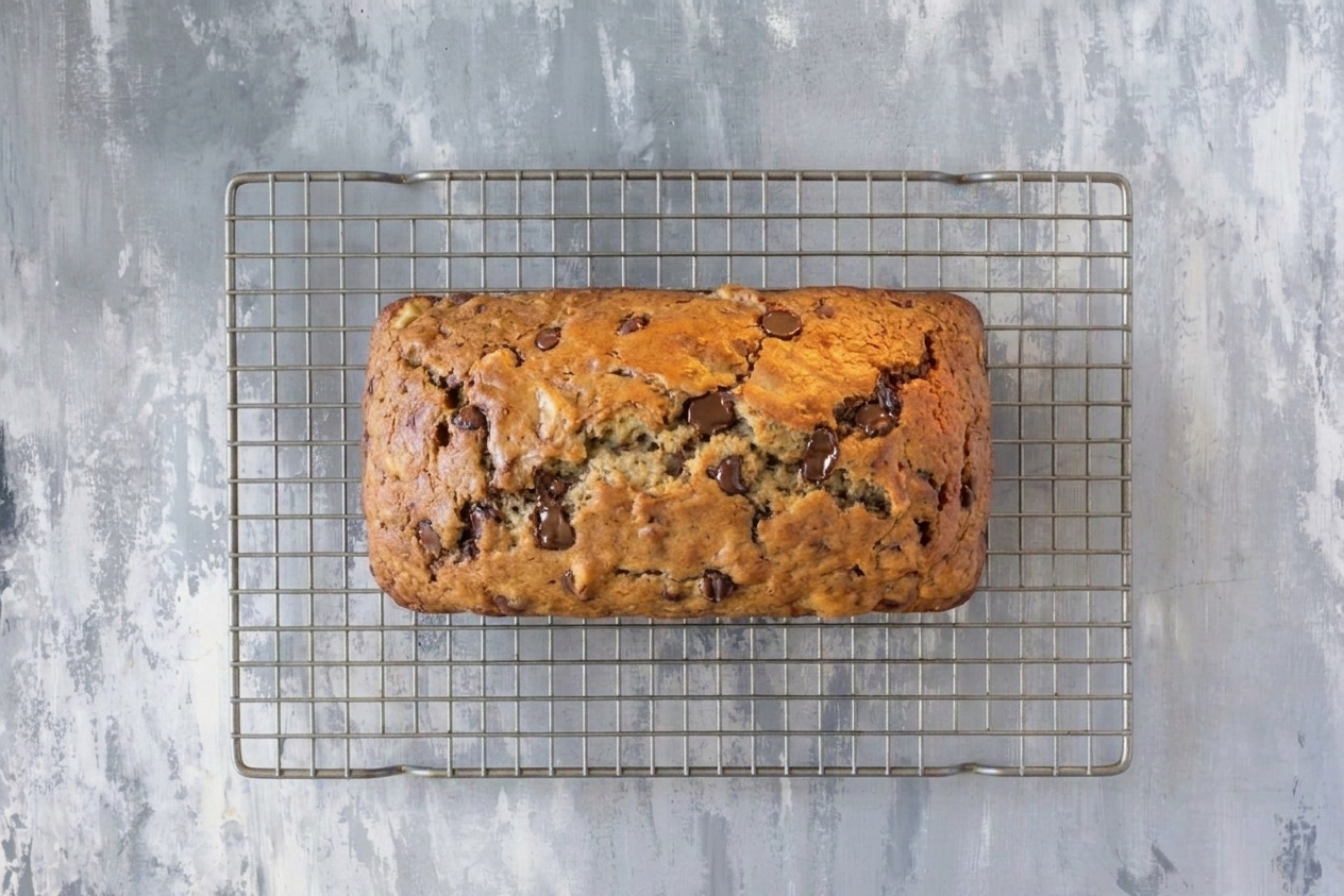 Freshly baked banana chocolate chip loaf cooling on a wire rack with a few chocolate chips melted on the surface