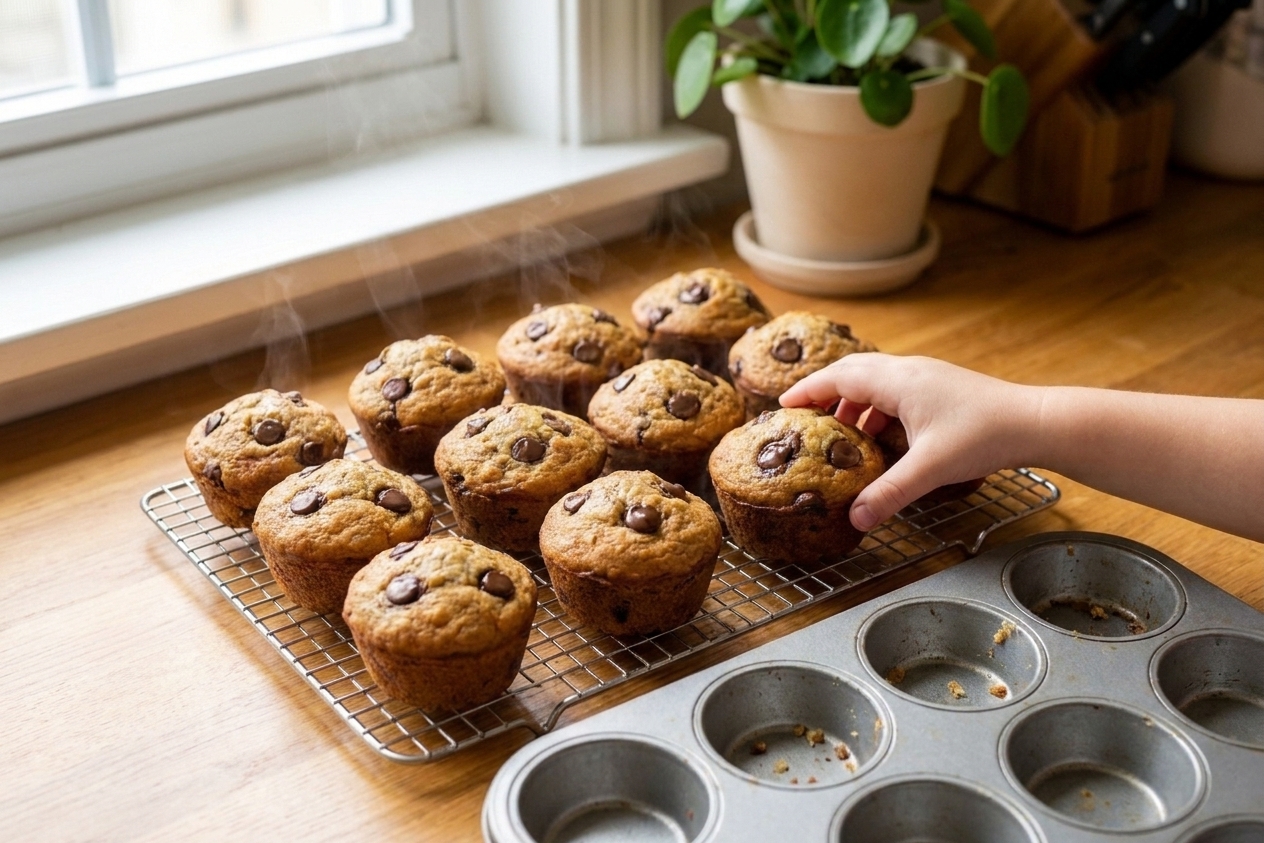 Freshly baked banana chocolate chip muffins cooling on a wire rack with a muffin tin nearby