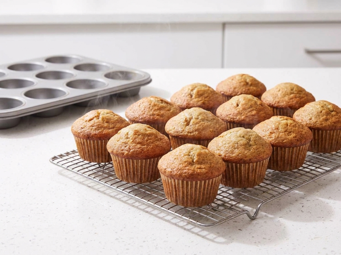 Freshly baked banana muffins with domed tops cooling on a wire rack in a bright kitchen