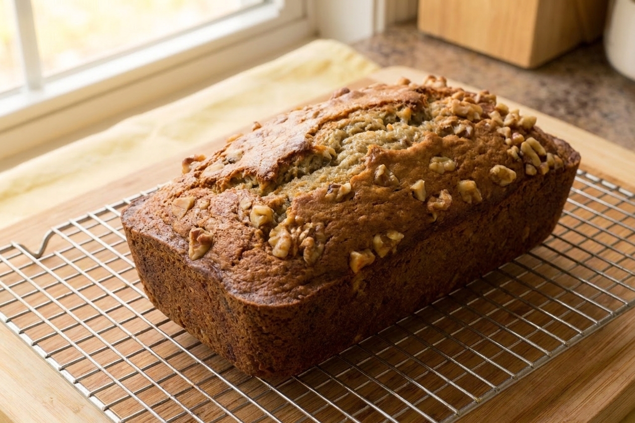 Freshly baked banana nut bread loaf cooling on a wire rack with a golden cracked top