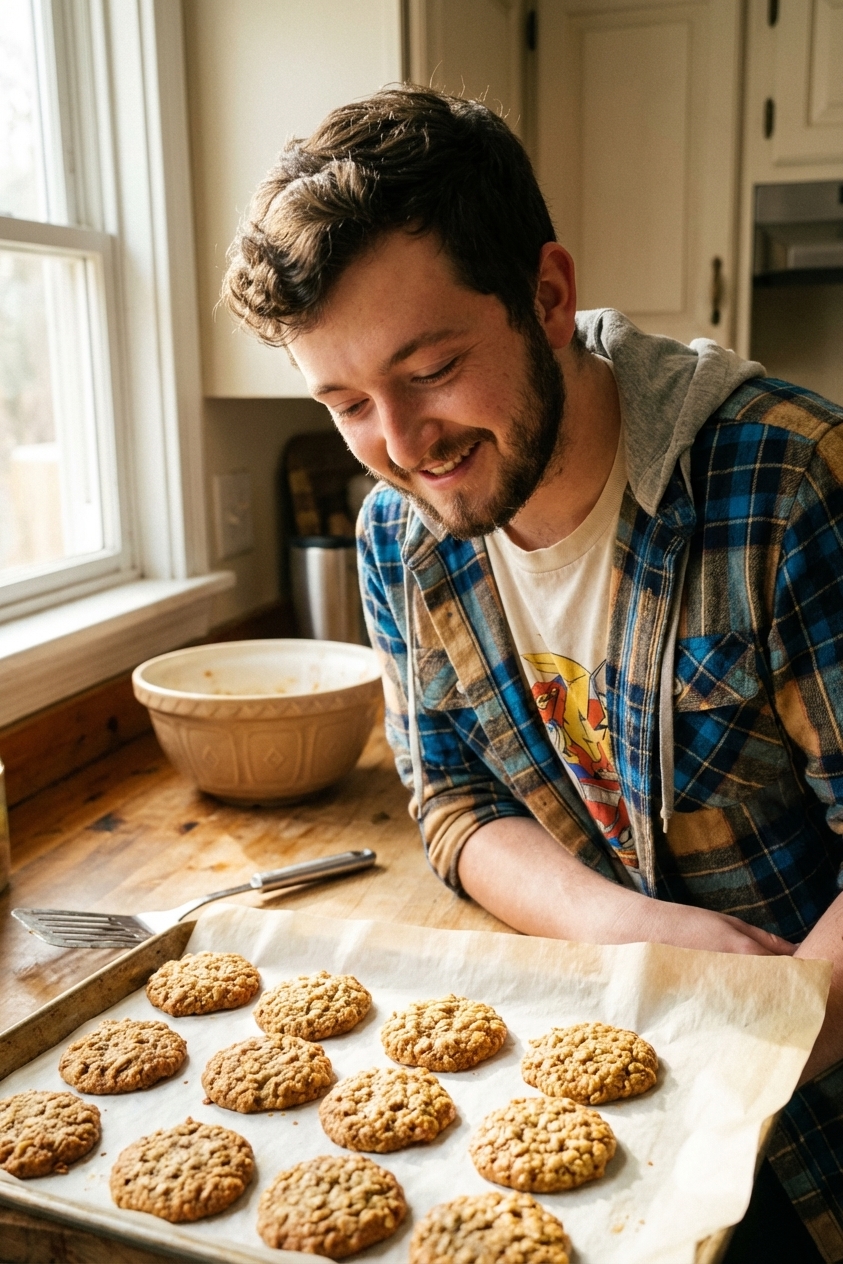 Freshly baked banana oat cookies cooling on a parchment-lined baking sheet with a spatula nearby, home kitchen setting, natural light