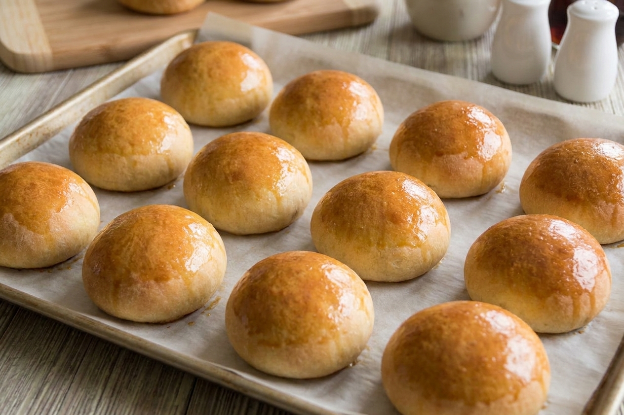 Freshly baked bierocks on a parchment-lined baking sheet, evenly browned with a glossy egg-washed top, on a kitchen counter