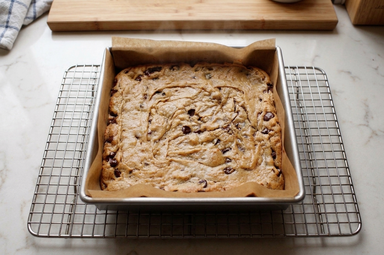 Freshly baked blondies cooling in a square pan with parchment overhang on a wire rack in a warm home kitchen