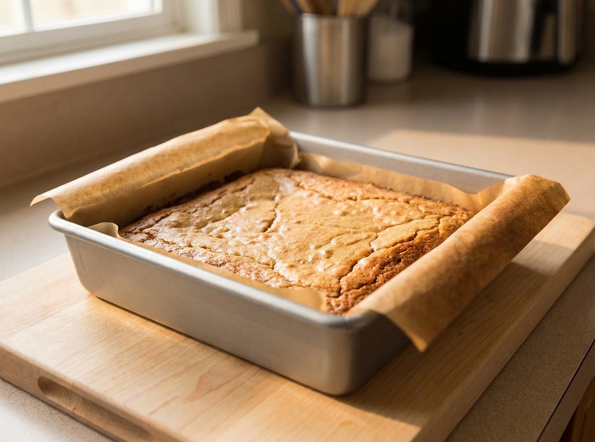 Freshly baked blondies in a metal baking pan on a light kitchen counter, golden top with slightly darker edges, warm natural window light