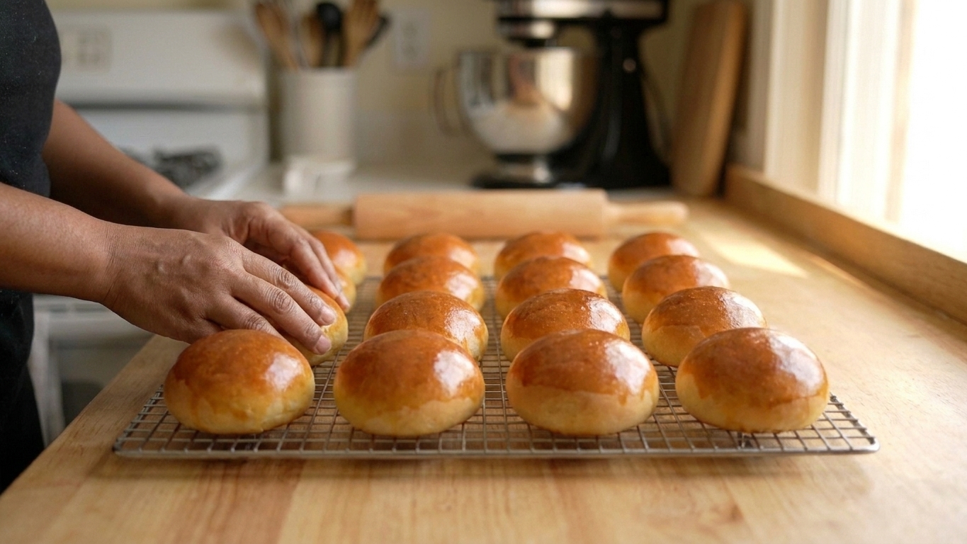 Freshly baked brioche buns with glossy tops cooling on a wire rack in a bright home kitchen