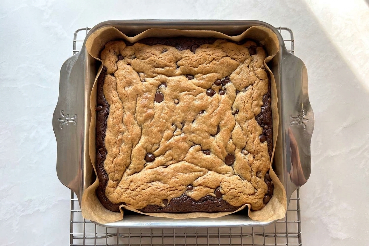 Freshly baked brookies resting in a parchment-lined square pan on a wire rack, with the cookie top golden and studded with chocolate chips