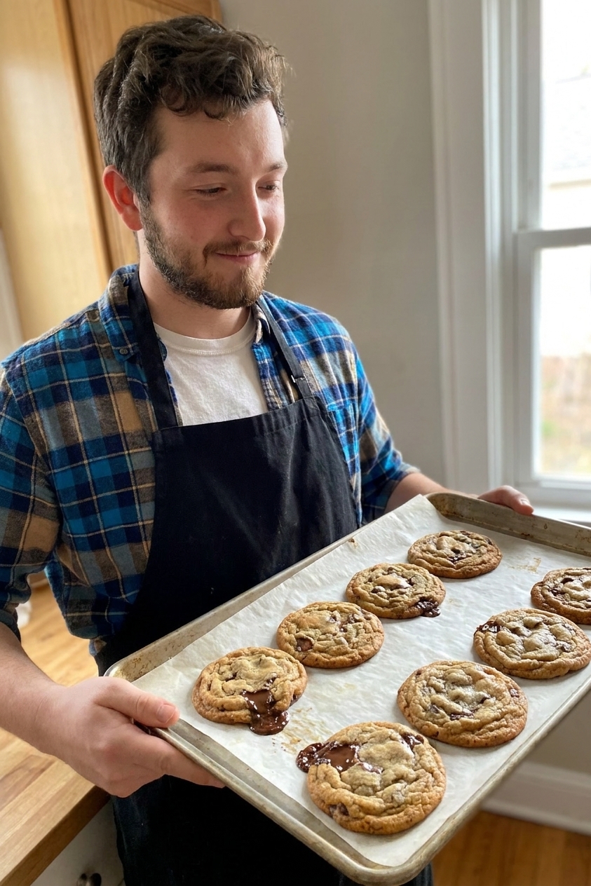Freshly baked brown butter chocolate chip cookies on a parchment-lined baking sheet with crinkly tops, golden edges, and melted chocolate