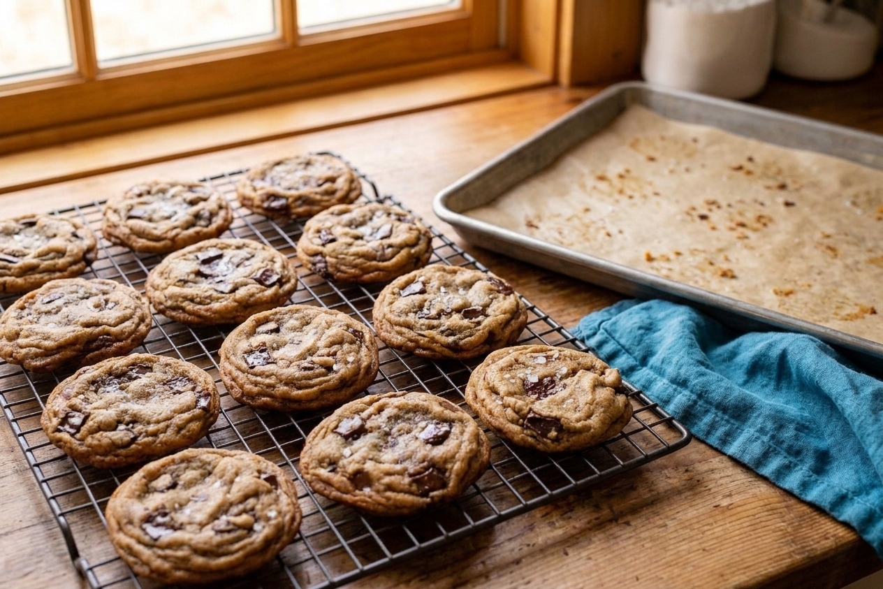 Freshly baked brown butter chocolate chip cookies cooling on a wire rack with a baking sheet nearby