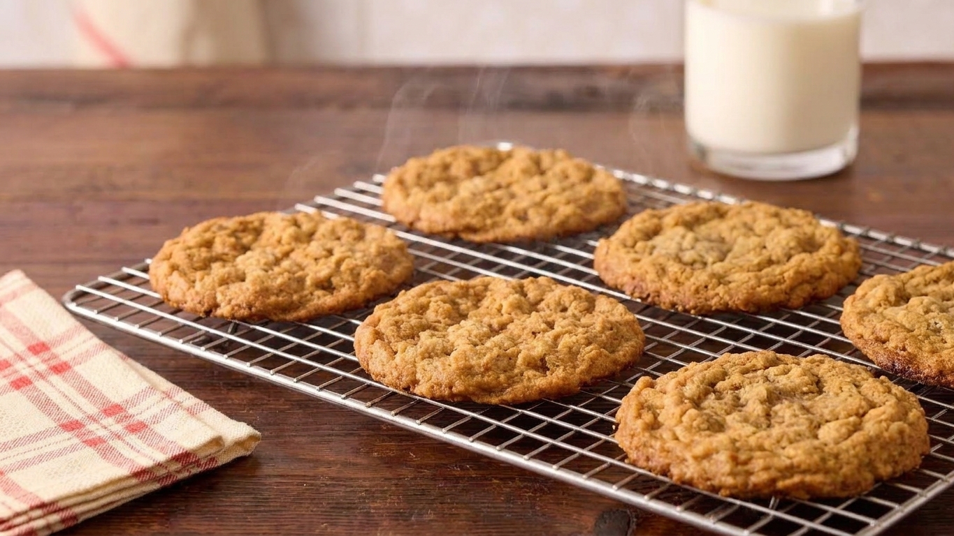 Freshly baked brown sugar cookies cooling on a wire rack with slightly crackled tops and golden edges