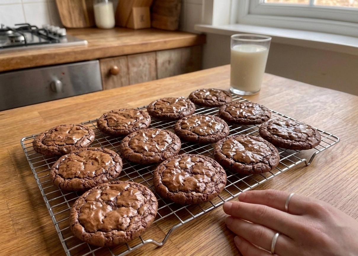 Freshly baked brownie cookies cooling on a wire rack with shiny crackly tops