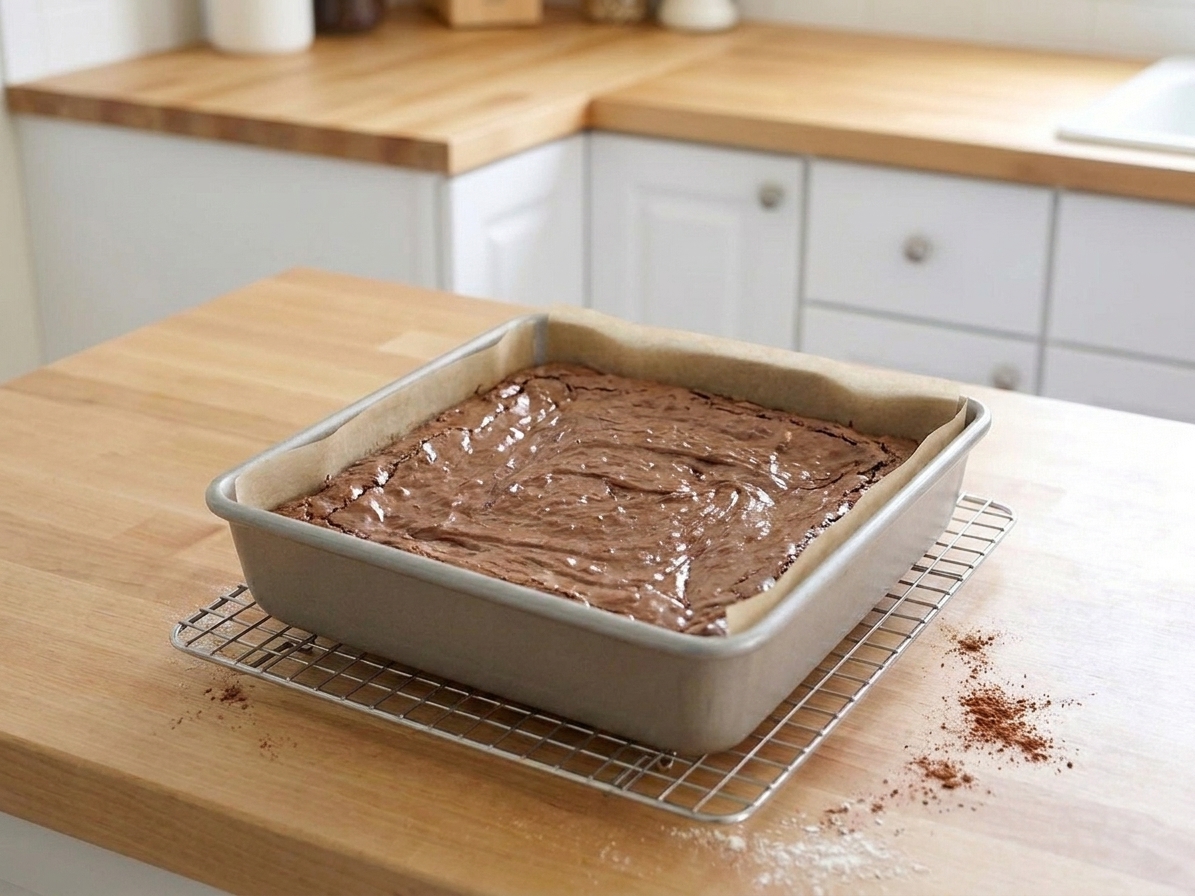 Freshly baked brownies with a crackly top cooling in a metal pan on a wire rack in a cozy kitchen