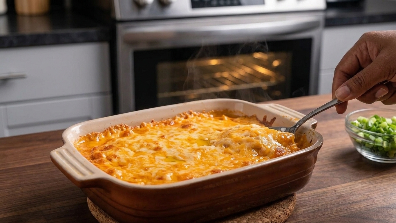 Freshly baked buffalo chicken dip with melted cheddar on top, bubbling at the edges in a ceramic dish on a kitchen counter
