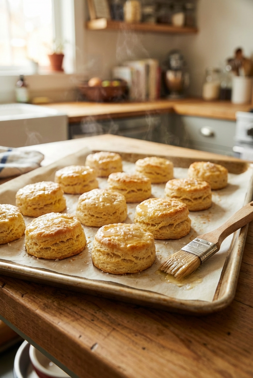 Freshly baked buttermilk biscuits on a parchment-lined baking sheet with a pastry brush nearby