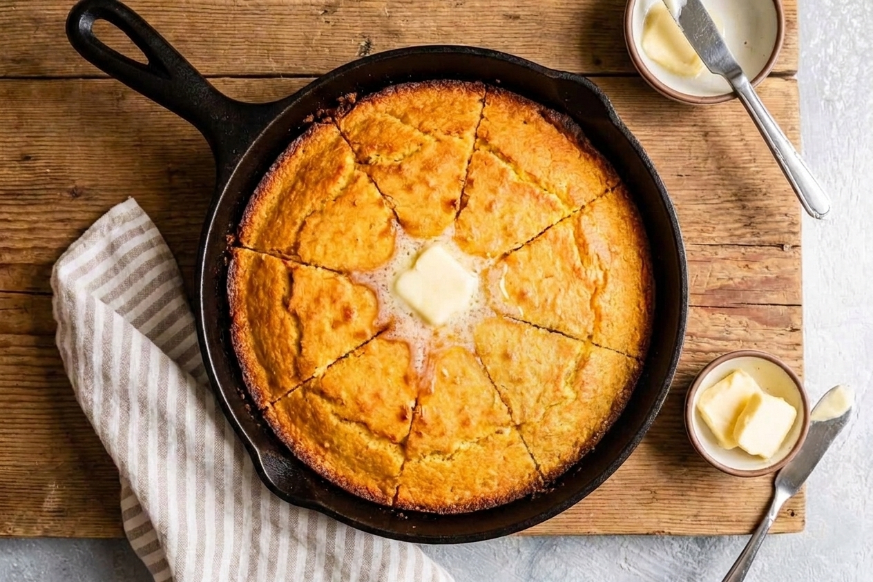 Freshly baked buttermilk cornbread in a cast iron skillet, golden brown with crisp edges, resting on a wooden board