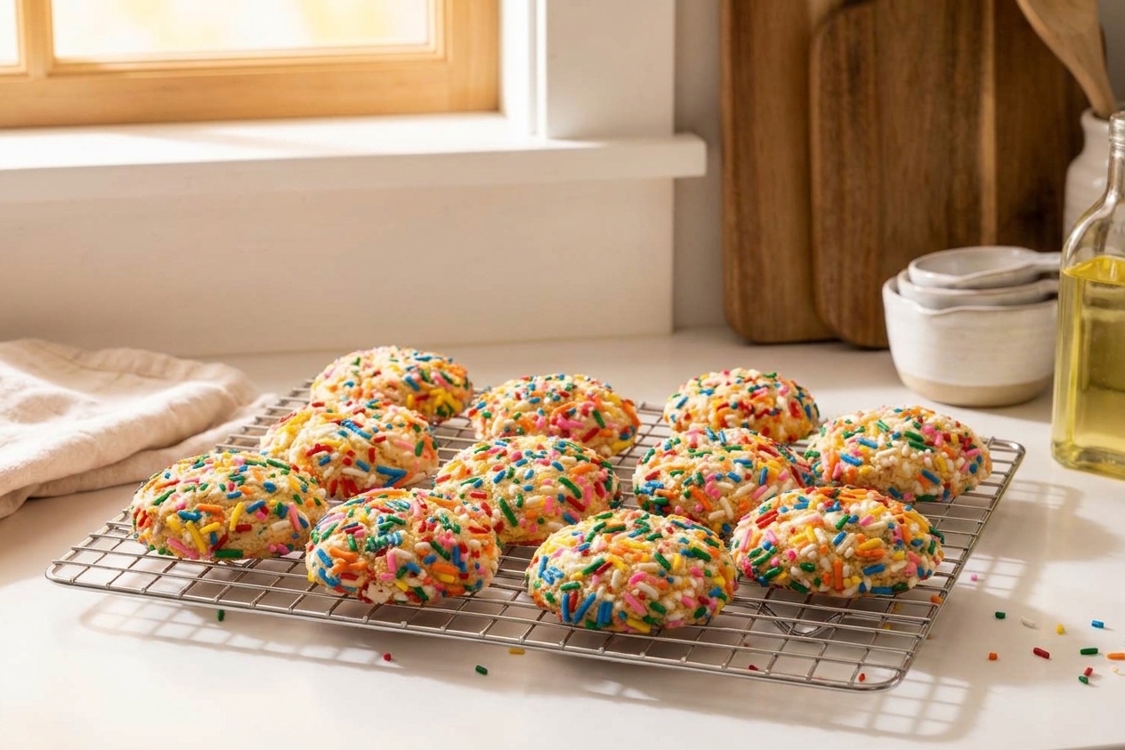 Freshly baked cake mix cookies cooling on a wire rack on a warm lit kitchen counter