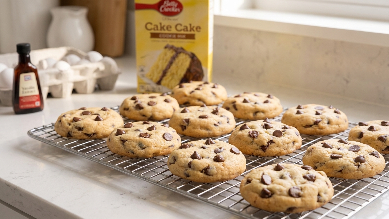 Freshly baked cake mix cookies cooling on a wire rack with golden edges and visible chocolate chips in warm kitchen light
