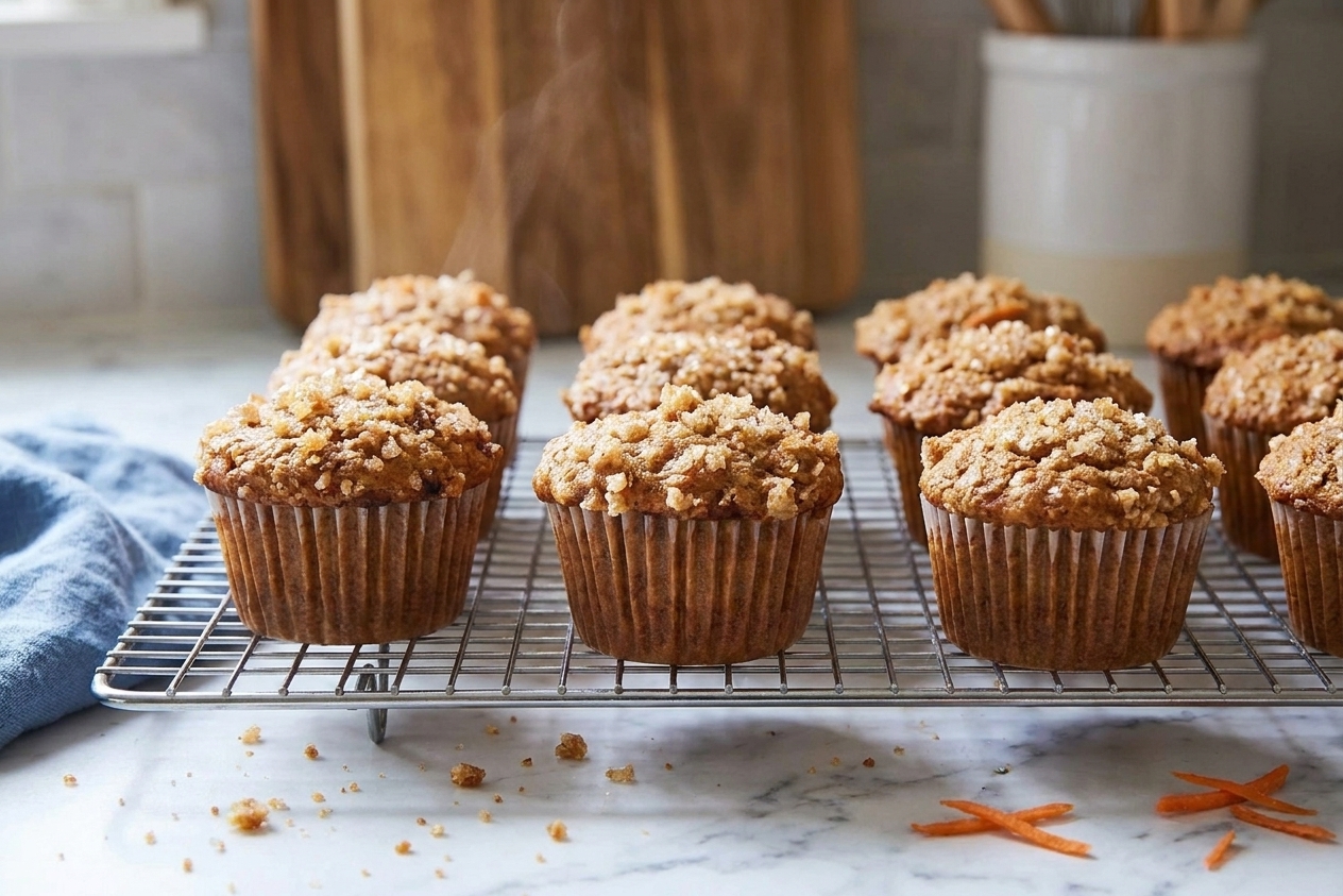 Freshly baked carrot muffins cooling on a wire rack with a few crumbs on the counter