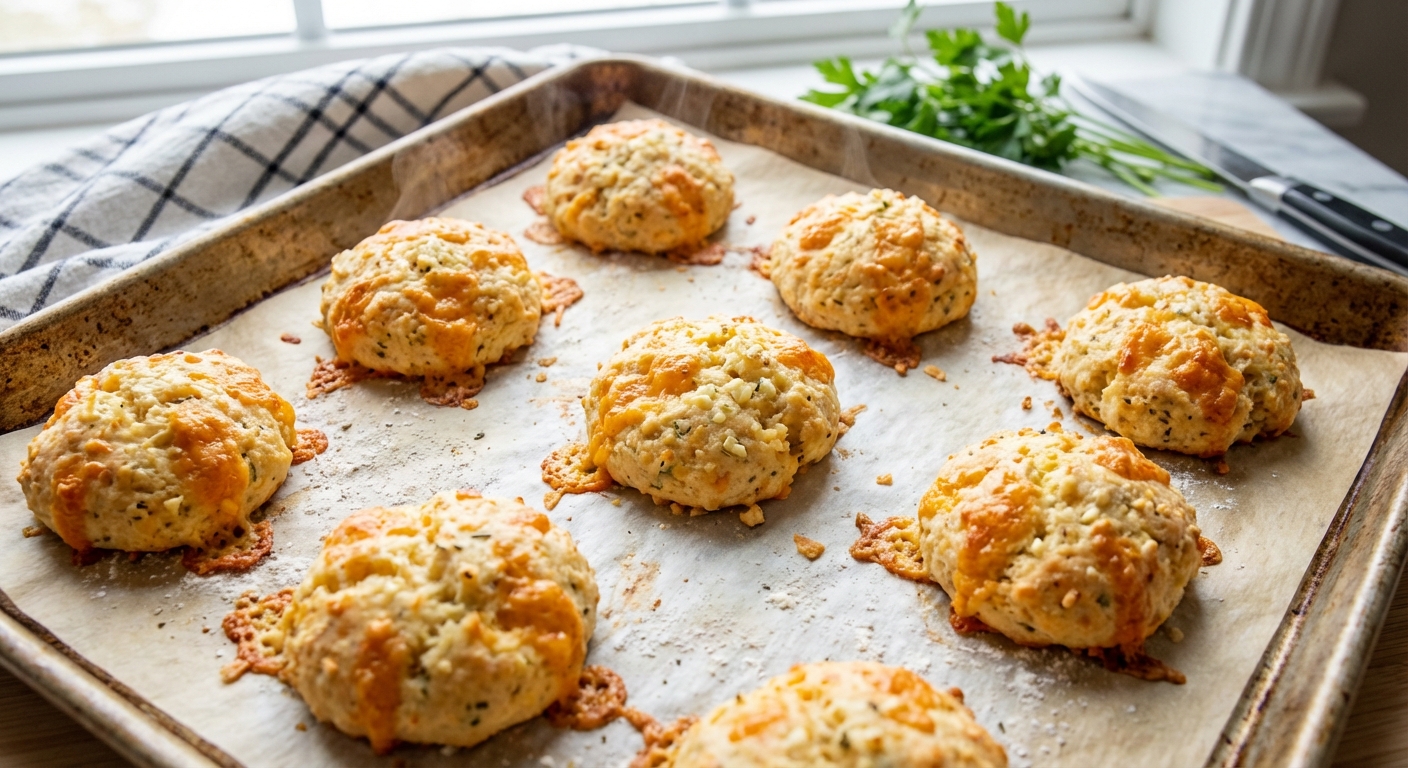 Freshly baked cheddar garlic drop biscuits on a parchment-lined baking sheet, golden brown tops with melted cheese spots, photographed from overhead in natural kitchen light, photorealistic food photography