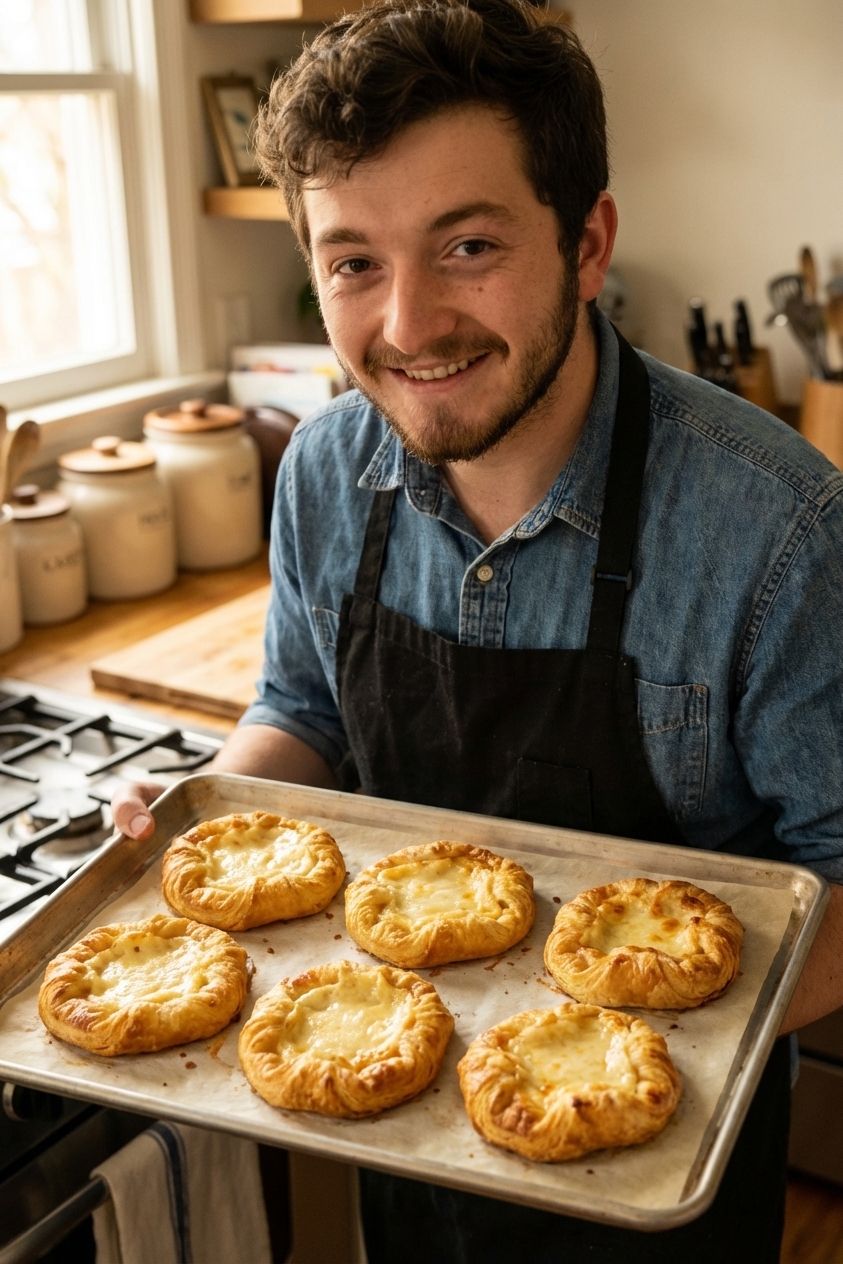 Freshly baked cheese danishes cooling on a parchment-lined sheet pan, flaky golden edges and creamy centers, cozy kitchen lighting