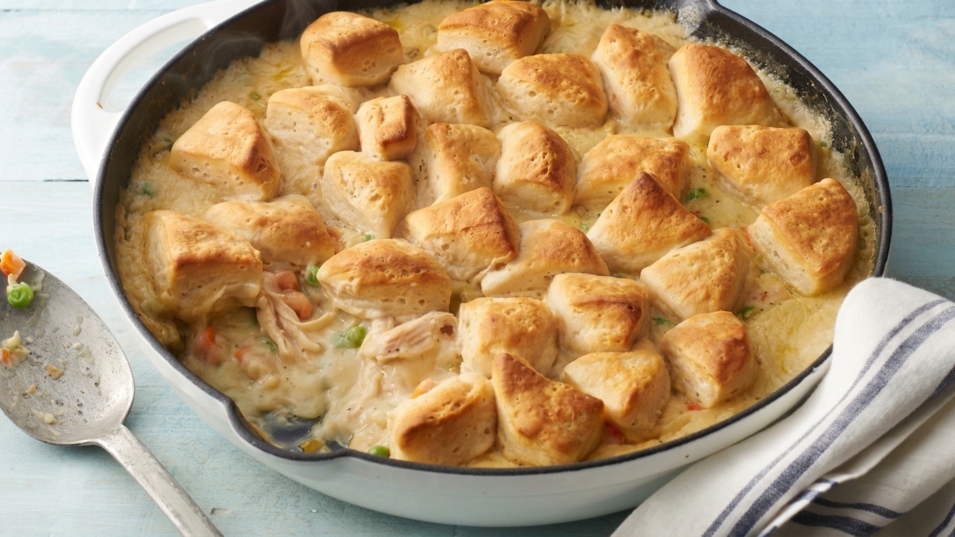 Freshly baked chicken pot pie casserole with golden biscuits and bubbling creamy sauce around the edges