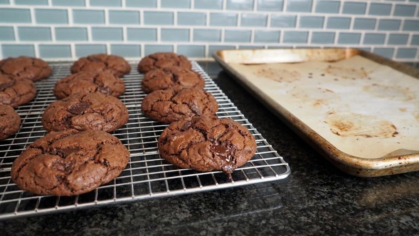 Freshly baked chocolate biscuits cooling on a wire rack on a kitchen counter with a baking sheet nearby