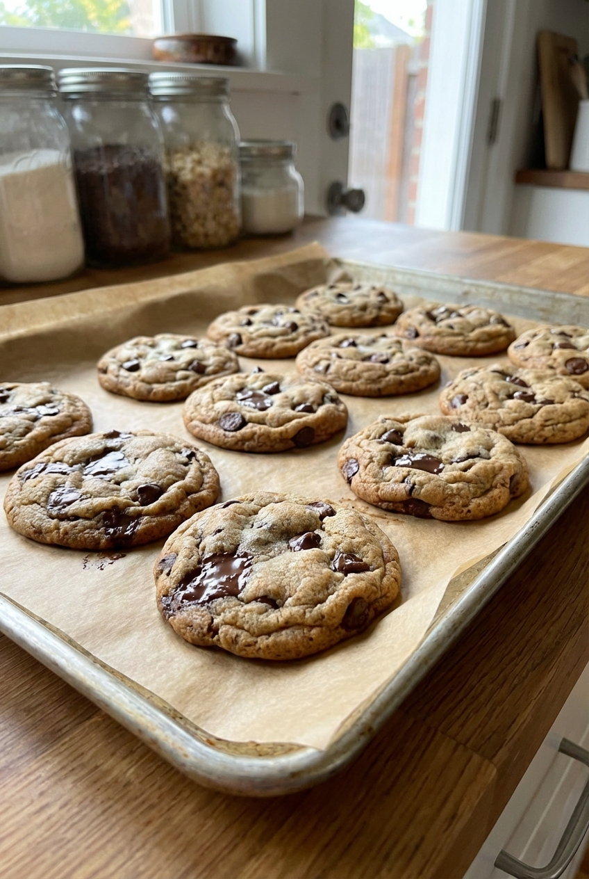 Freshly baked chocolate chip cookies cooling on a parchment-lined baking sheet