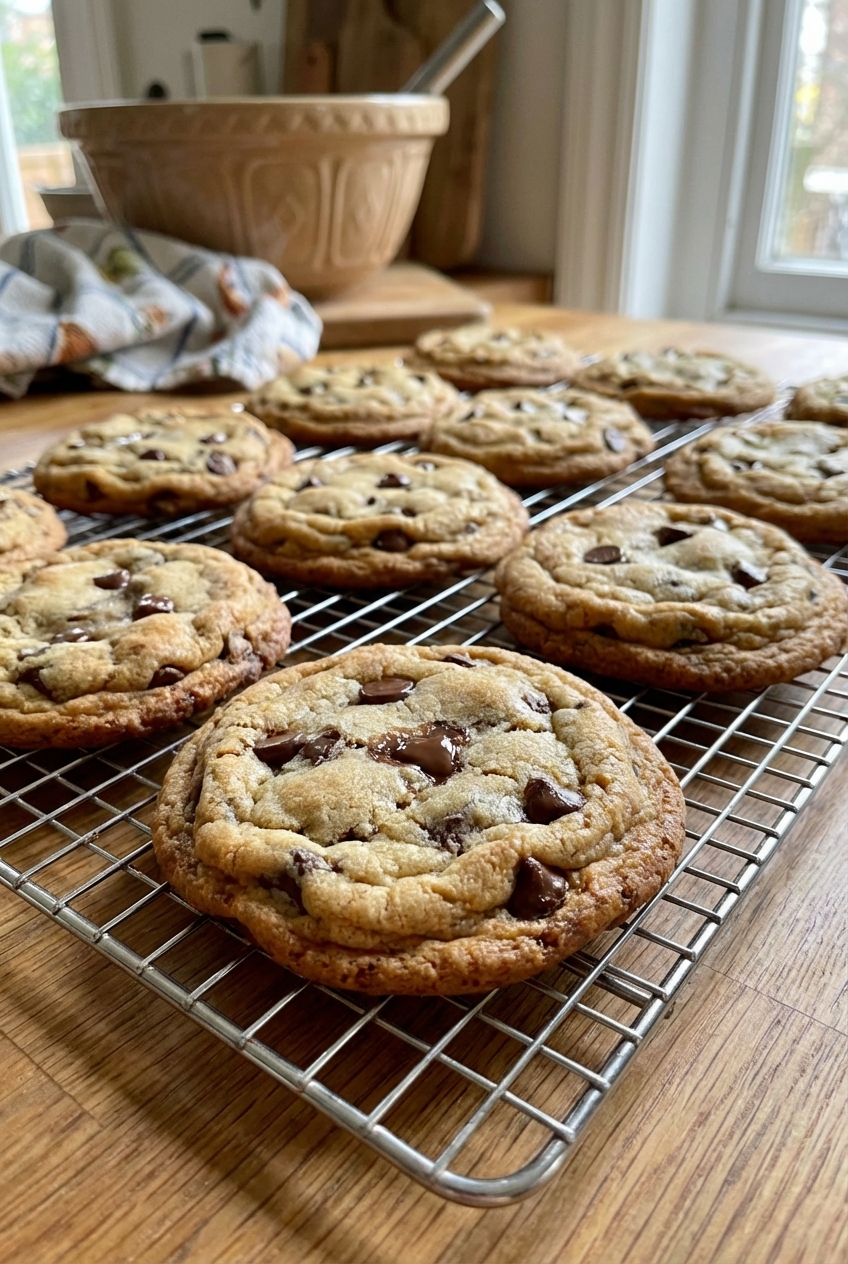 Freshly baked chocolate chip cookies cooling on a wire rack with melted chocolate pockets and slightly crisp edges