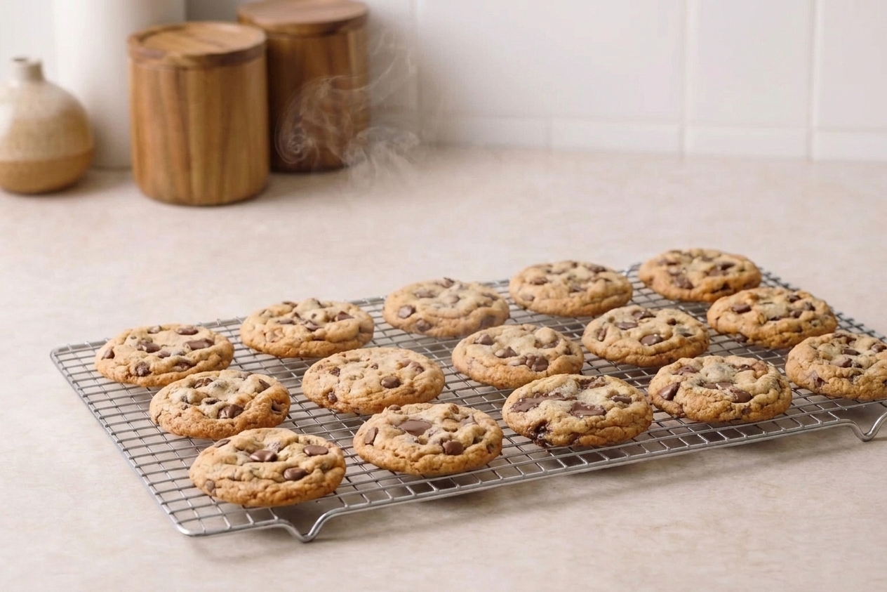 Freshly baked chocolate chip cookies cooling on a wire rack on a kitchen counter