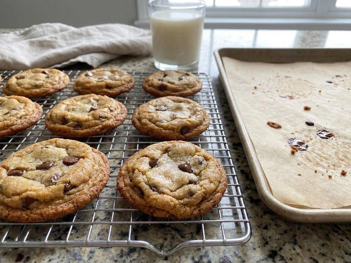 Freshly baked chocolate chip cookies cooling on a wire rack next to a parchment lined baking sheet