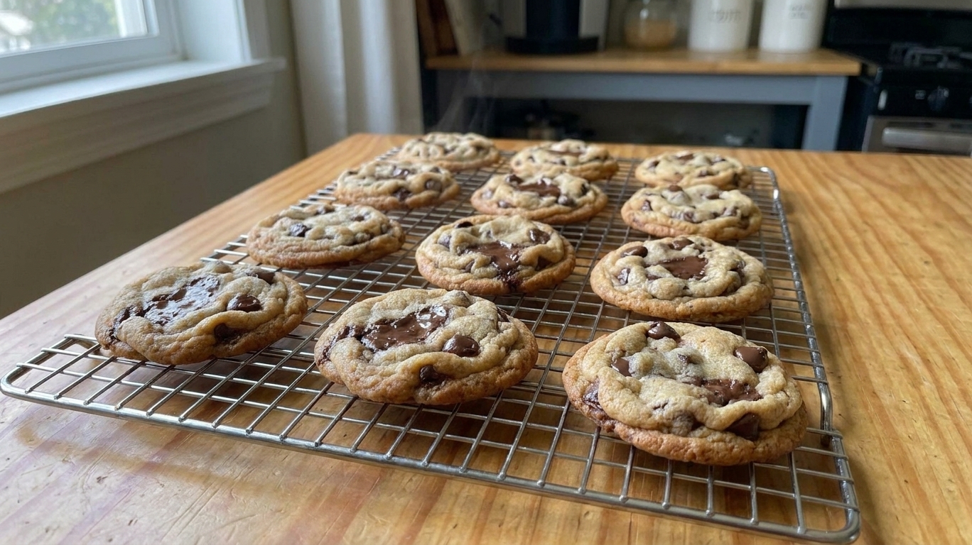 Freshly baked chocolate chip cookies cooling on a wire rack with a few melted chocolate spots and golden edges